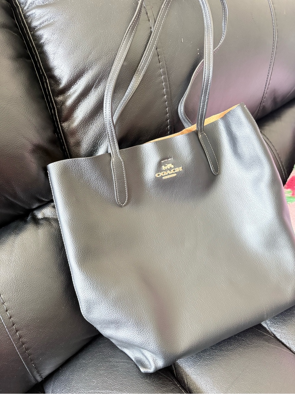 Coach Black Leather Tote with Gold Logo